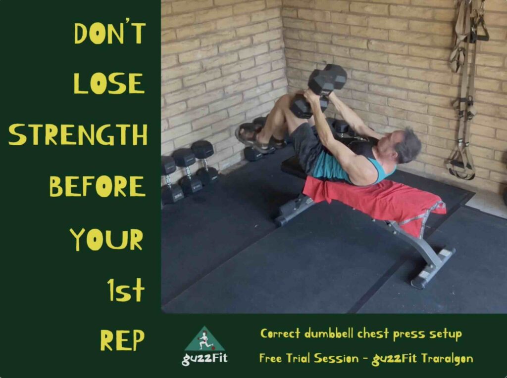 Dumbbell chest press self-loading technique for safe bench press setup