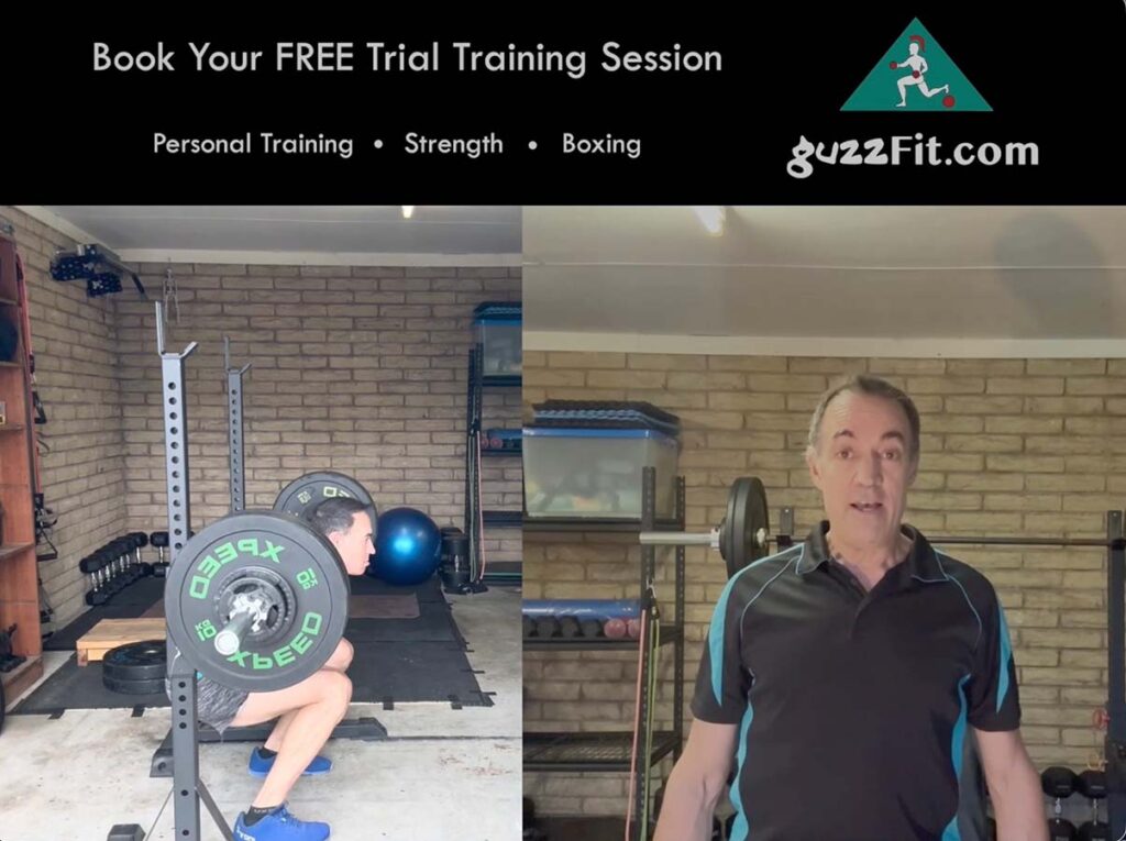 Personal trainer demonstrating squat and pull-up strength training at guzzFIT in Traralgon