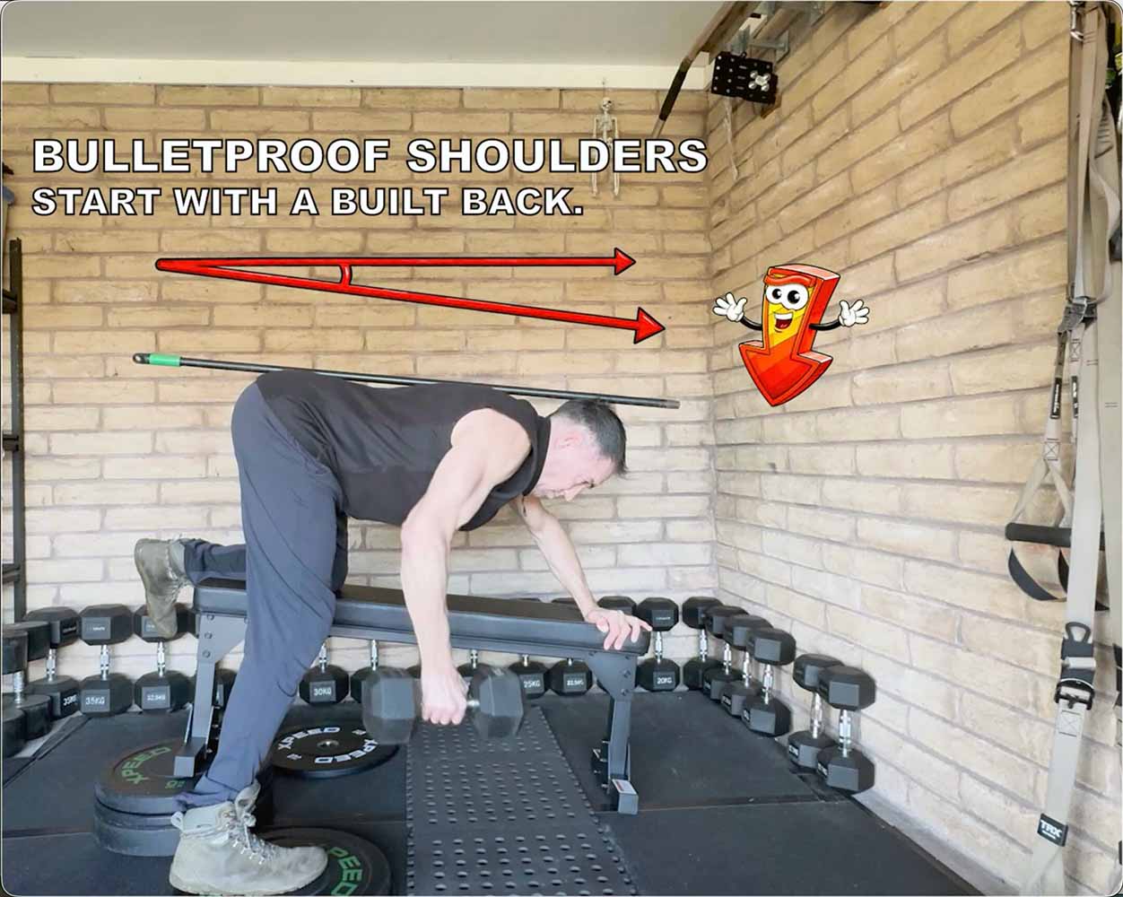 Personal trainer demonstrating a single-arm dumbbell row to improve shoulder stability and build a stronger back in Traralgon.