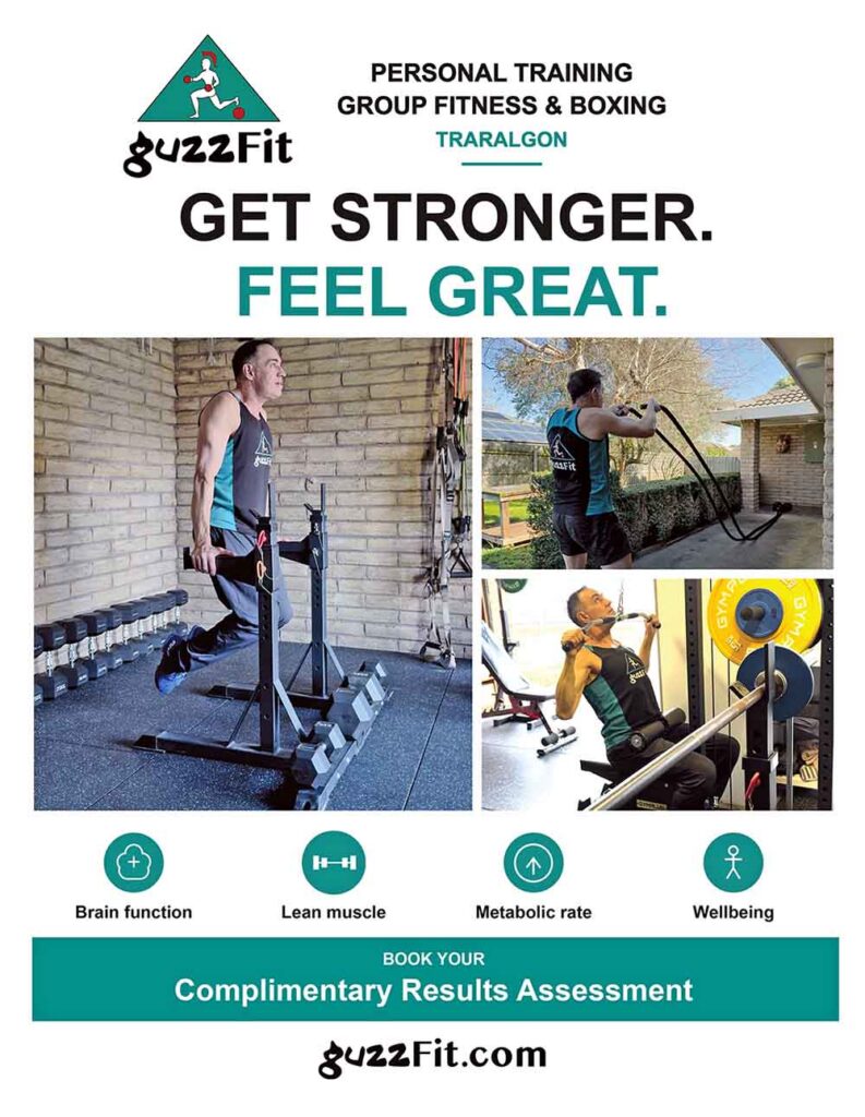 guzzFIT trainer demonstrating dips, battle ropes and a lat pulldown in Traralgon, promoting a Complimentary Results Assessment.