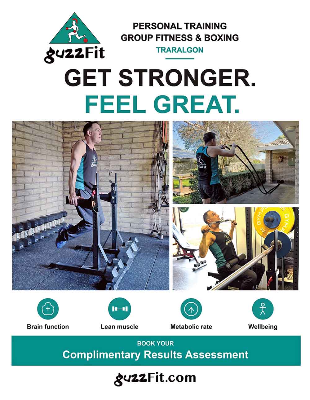 guzzFIT trainer demonstrating dips, battle ropes and a lat pulldown in Traralgon, promoting a Complimentary Results Assessment.